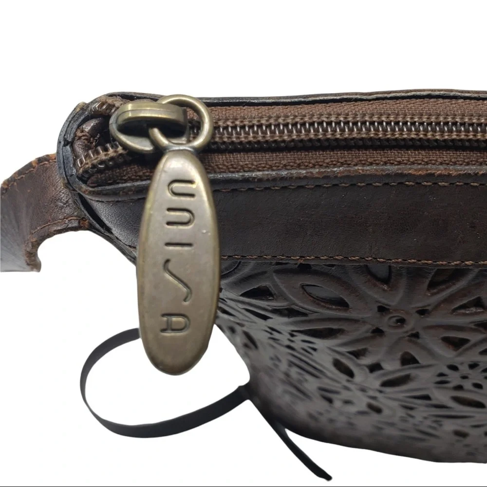 Unisa Brown Leather Purse Laser Cut Floral Pattern Zipper Close. - Picture 3 of 10